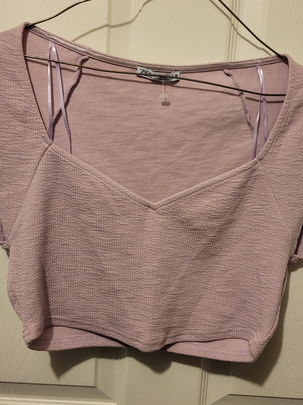 Zara Dusty Lavender Tie-Shoulder Cropped V-Neck Top